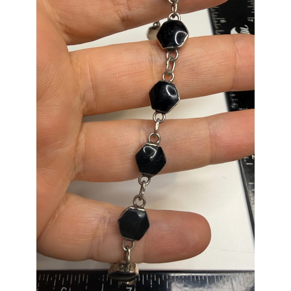 Black Hexagon Link Bracelet Sterling Silver Geometric Onyx Style 7.5 Inch